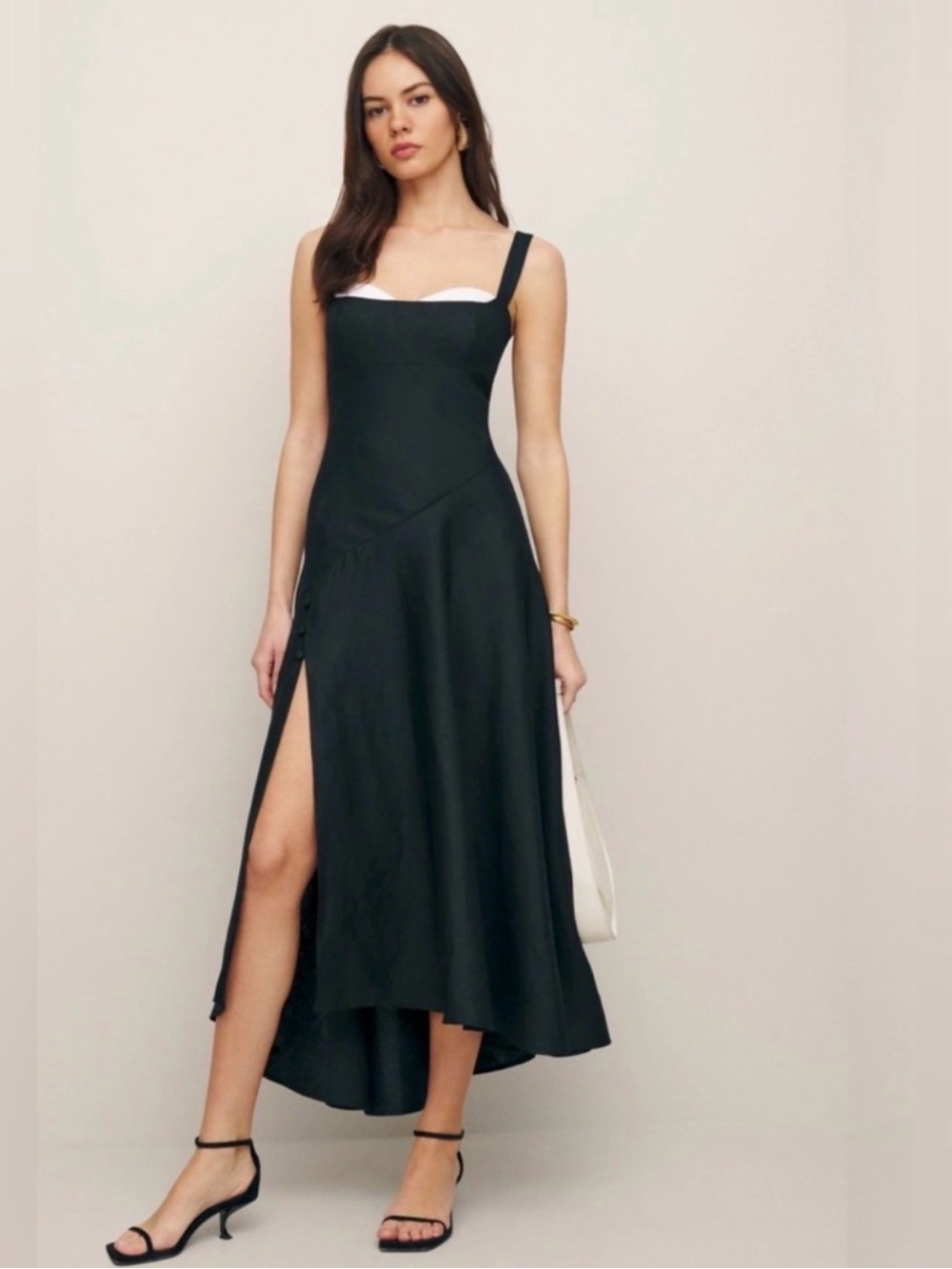 Bekki Linen Dress | Reformation Black High-Low Slip Dress with Side Slit